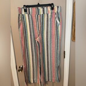 Kiss & Cry linen blend pastel striped wide leg pull on beach pants w/pockets. XL